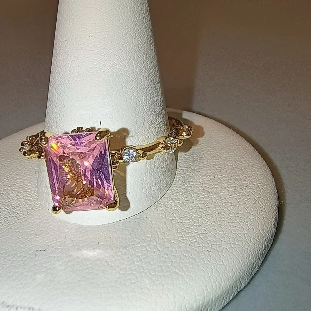 Princess Cut Pink CZ Ring – Gold Plated  Micro Inlay - Picture 9 of 10
